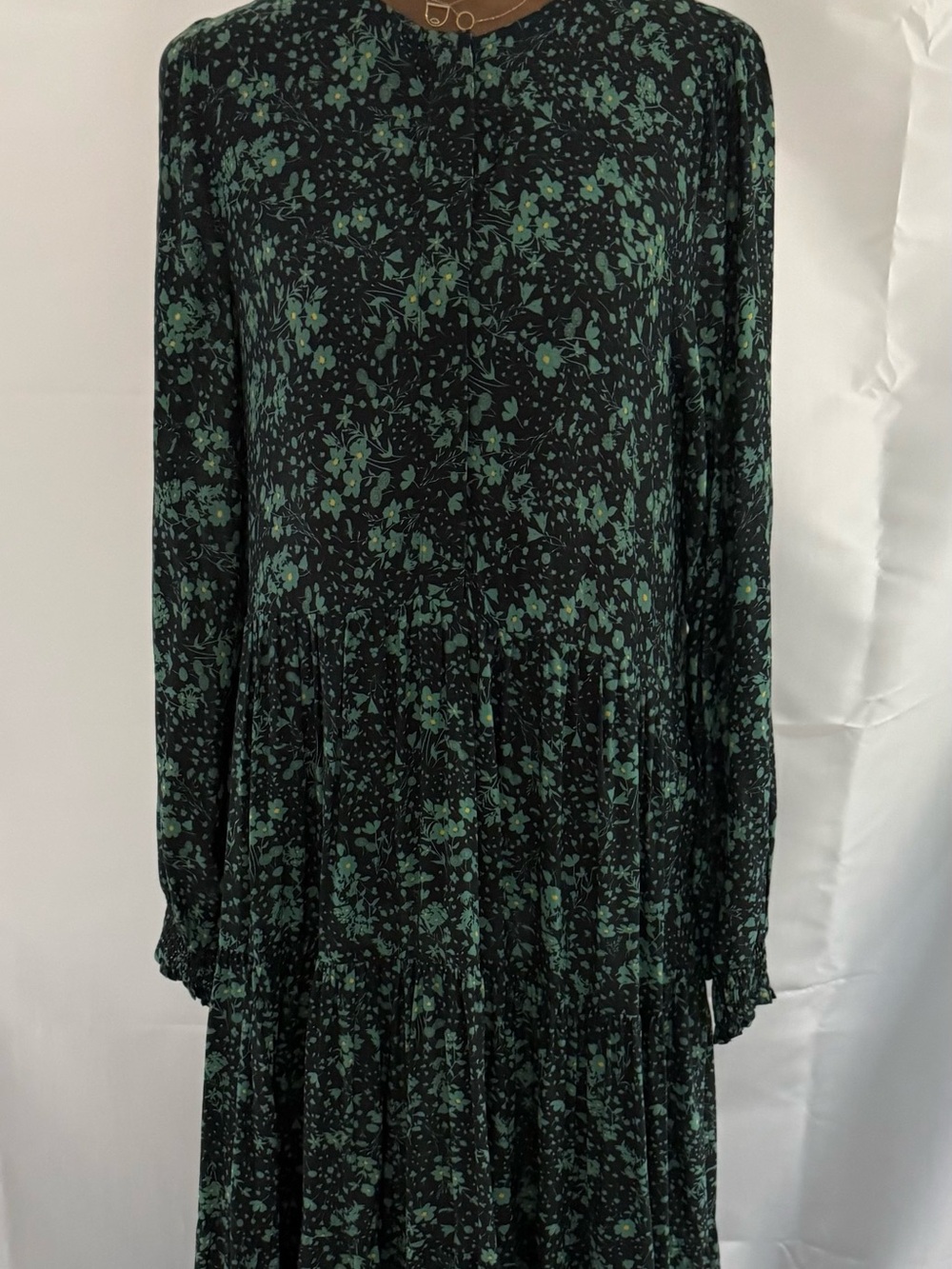 Long Sleeve Black Maxi Dress with Green Floral Print